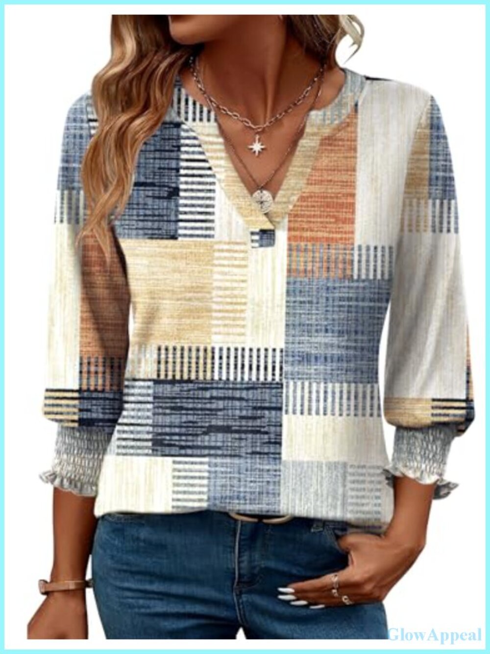 Women's 3/4 Sleeve V-Neck Floral Ruffle Cuff Smocked Blouse Business Casual Top